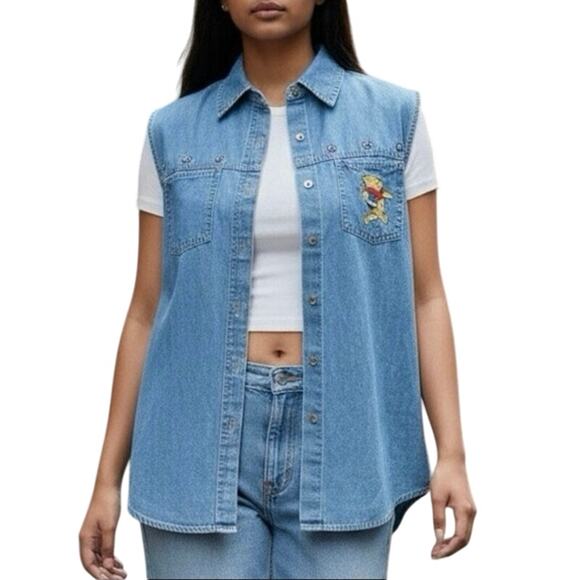 Vintage Disney Winnie the Pooh Bear denim sleeveless button embroidered L large - Picture 1 of 15